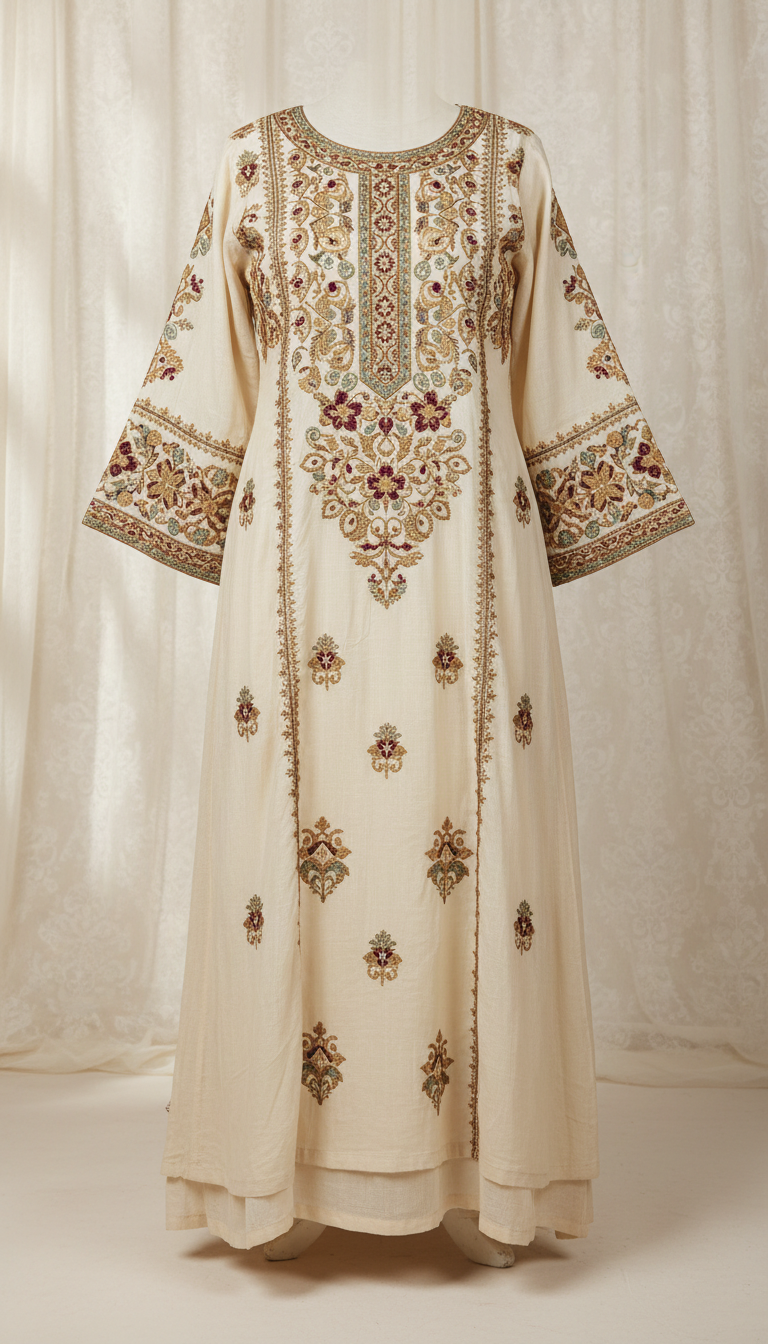 Antique gold embroidered lawn ensemble