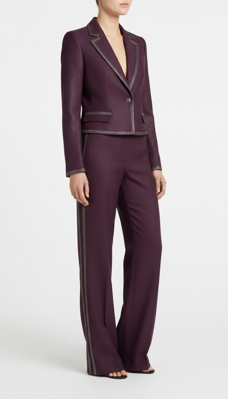Plum accent tailored trouser set with metallic detailing