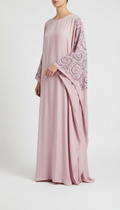Powder pink silk kaftan with hand-embellished sleeves