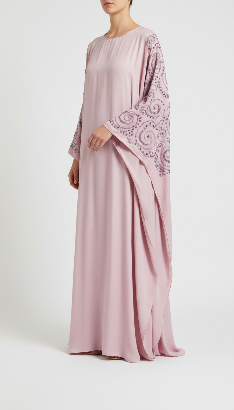 Powder pink silk kaftan with hand-embellished sleeves